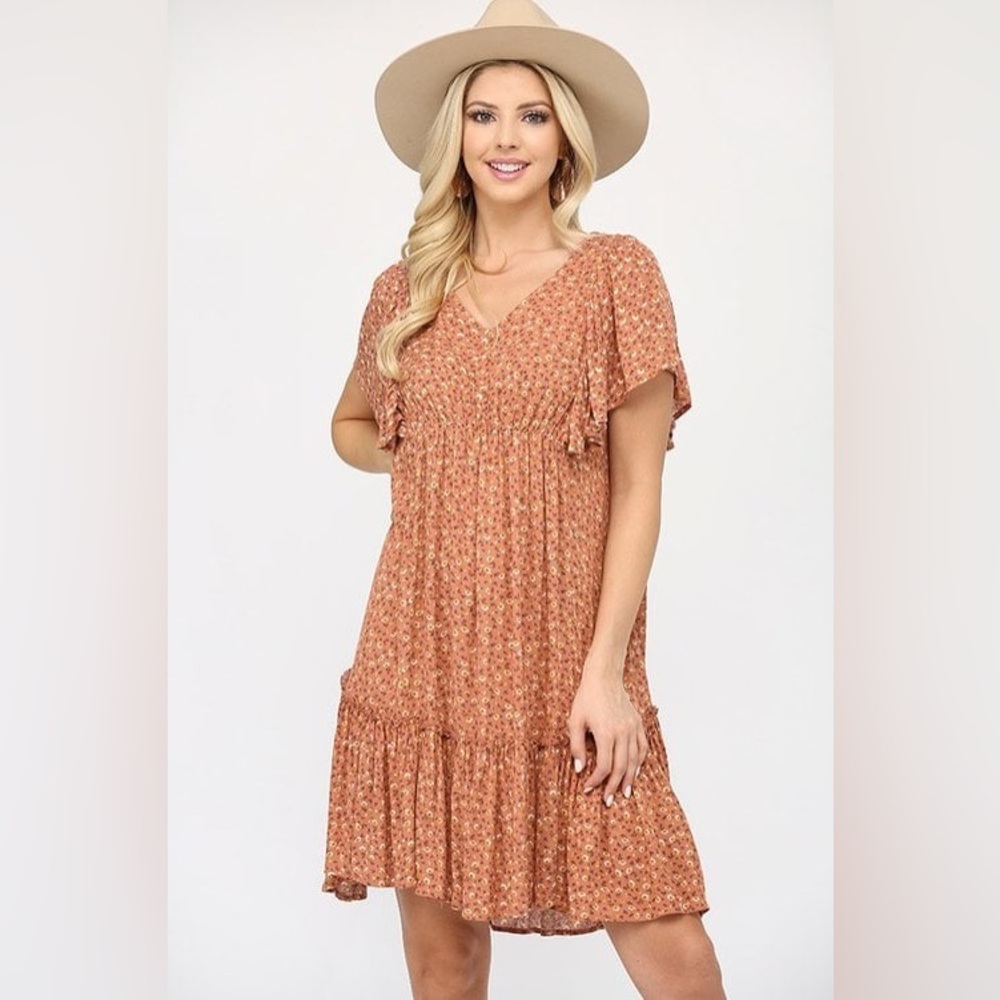 GIGIO boho mustard floral print dress